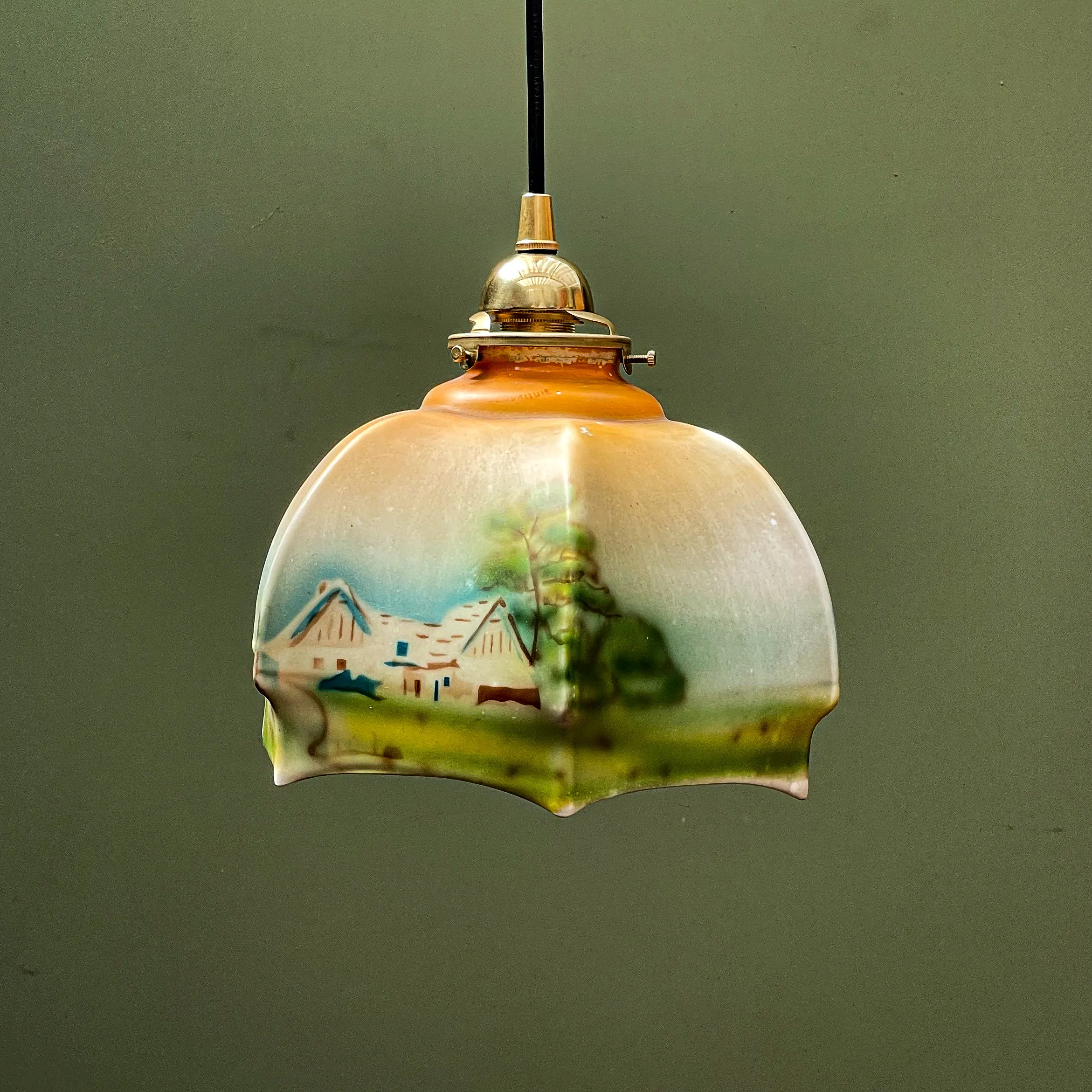 abat jour verre paysage orange vert beige